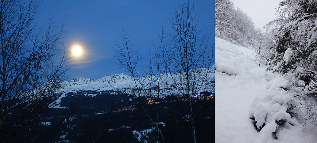 À gauche, pleine lune sur la station des Arcs. À droite, le week-end dernier sous la neige.