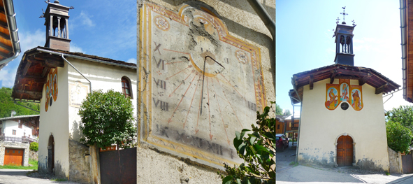 La chapelle Saint-Antoine à Picolard et le cadran solaire sur un mur extérieur