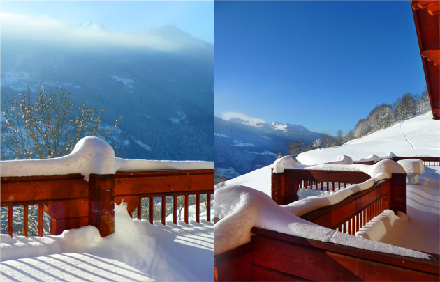 Depuis la terrasse sous la neige, un paysage féérique s'offre à vos yeux