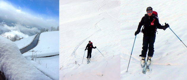 Retour au chalet skis de randonnée aux pieds - A gauche, la route de Picolard